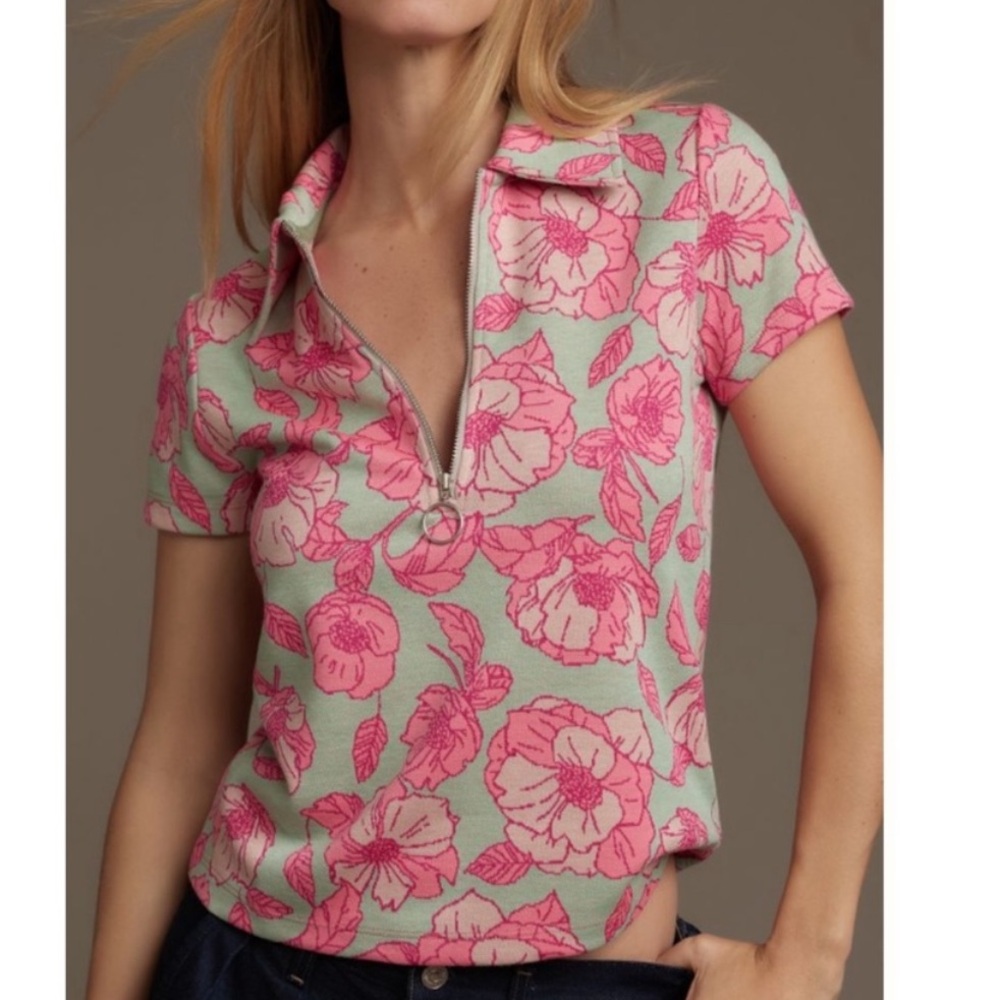 Anthropologie Pink and Green Floral Top